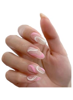 Excefore Acrylic Nails, Fake Nails Medium Length Press on White Pink Abstract Cute Coffin False with Glue, Stick Art Manicure Decoration, Glossy Nude 24Pcs  - Image 1