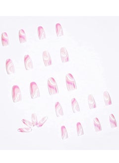 Excefore Acrylic Nails, Fake Nails Medium Length Press on White Pink Abstract Cute Coffin False with Glue, Stick Art Manicure Decoration, Glossy Nude 24Pcs  - Image 4