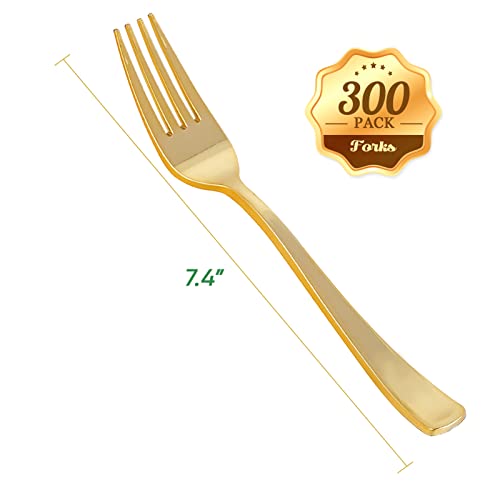 FOCUSLINE 300 Pack Disposable Gold Plastic Forks, Solid and Durable Plastic Cutlery Forks, Heavy Duty Disposable Utensil Silverware for Catering, Parties, Dinners, Weddings - Image 2