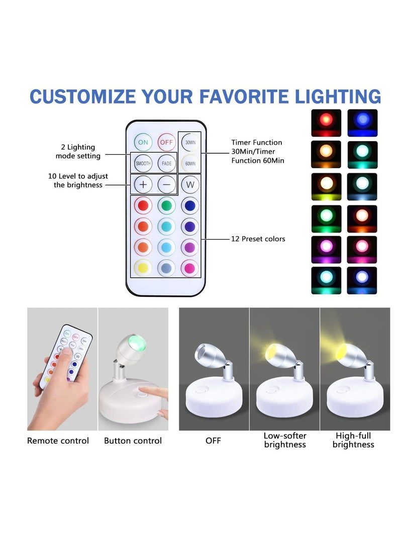 SYOSI 2 Pieces RGB Wireless LED Spotlight with Remote 13 Color Spotlight Battery Operated Accent Lights Rotatable Light Head Stick on Wall Hallway for Painting Picture Artwork Closet(White) - Image 5