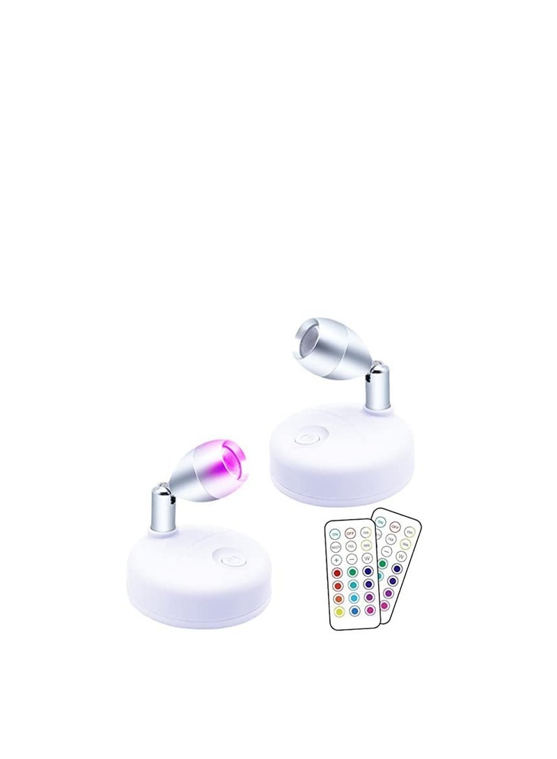 SYOSI 2 Pieces RGB Wireless LED Spotlight with Remote 13 Color Spotlight Battery Operated Accent Lights Rotatable Light Head Stick on Wall Hallway for Painting Picture Artwork Closet(White) - Image 1