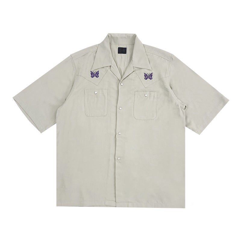 Needles track Butterfly Embroidered Shirt Short-sleeved Bieber Same Style Loose Half-sleeved Jacket for Men and Women Retro Style Apricot  - Image 1