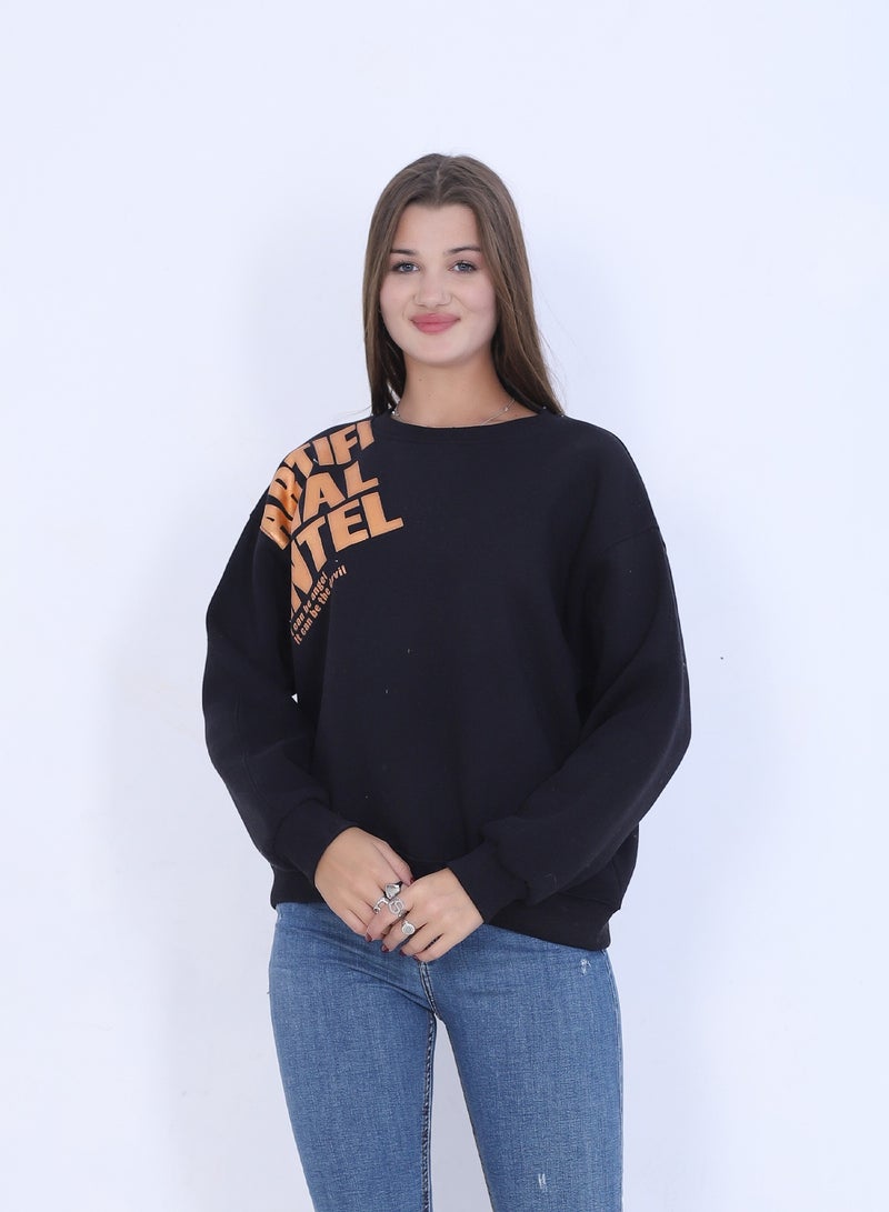 بيبو سويت شيرت نسائي بطبعة، وأكمام طويلة_اسود - Image 1