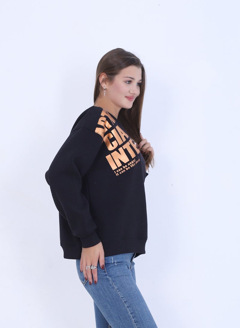 بيبو سويت شيرت نسائي بطبعة، وأكمام طويلة_اسود - Image 2