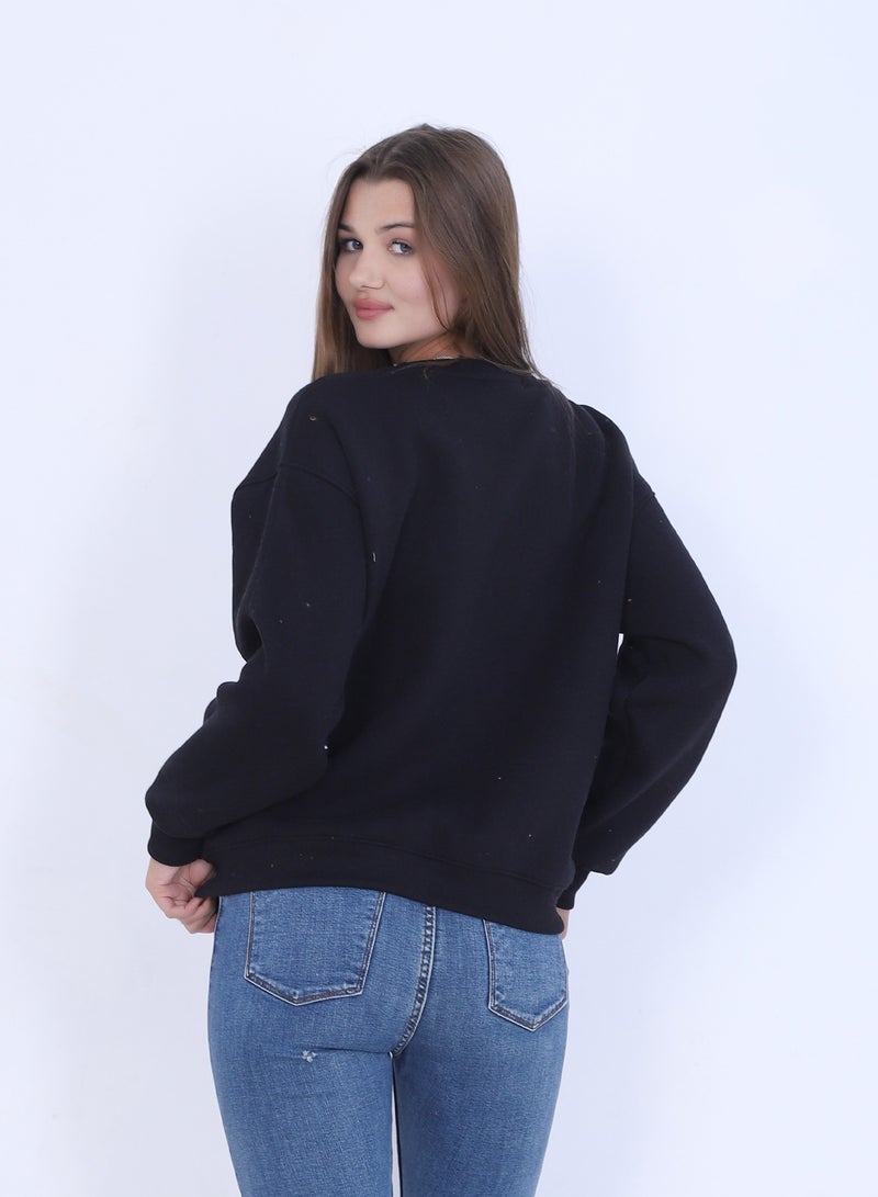 بيبو سويت شيرت نسائي بطبعة، وأكمام طويلة_اسود - Image 3