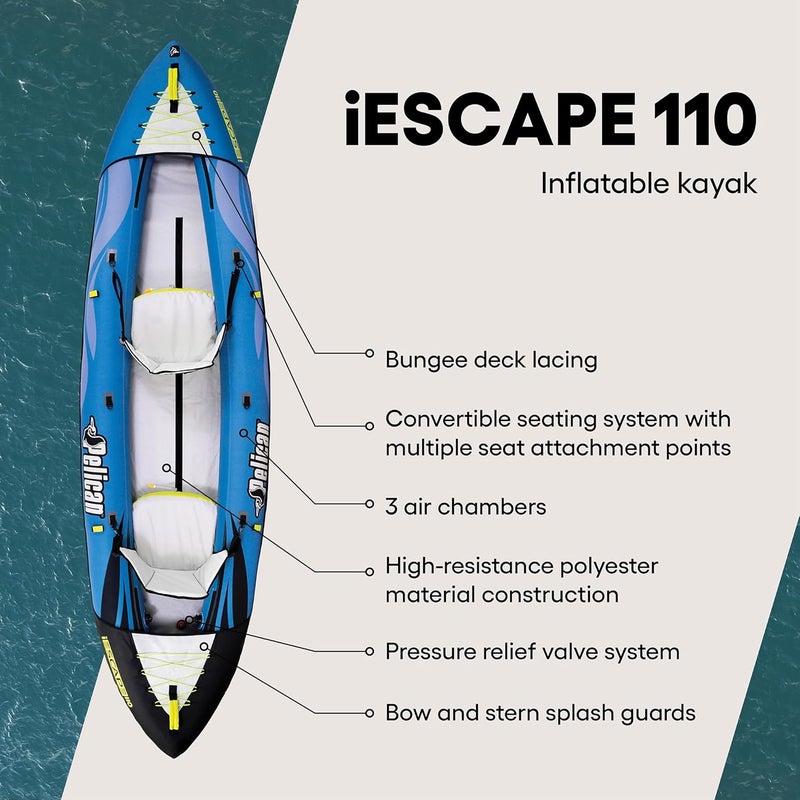 Pelican كاياك بيلكان iESCAPE القابل للنفخ  كاياك ترفيهي  مدمج ومستقر وممتع في آن واحد  لشخص أو شخصين - Image 2