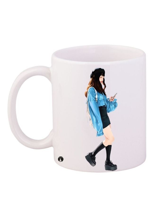 RYN Cartoon Girl Printed Coffee Mug White/Blue/Black 11ounce