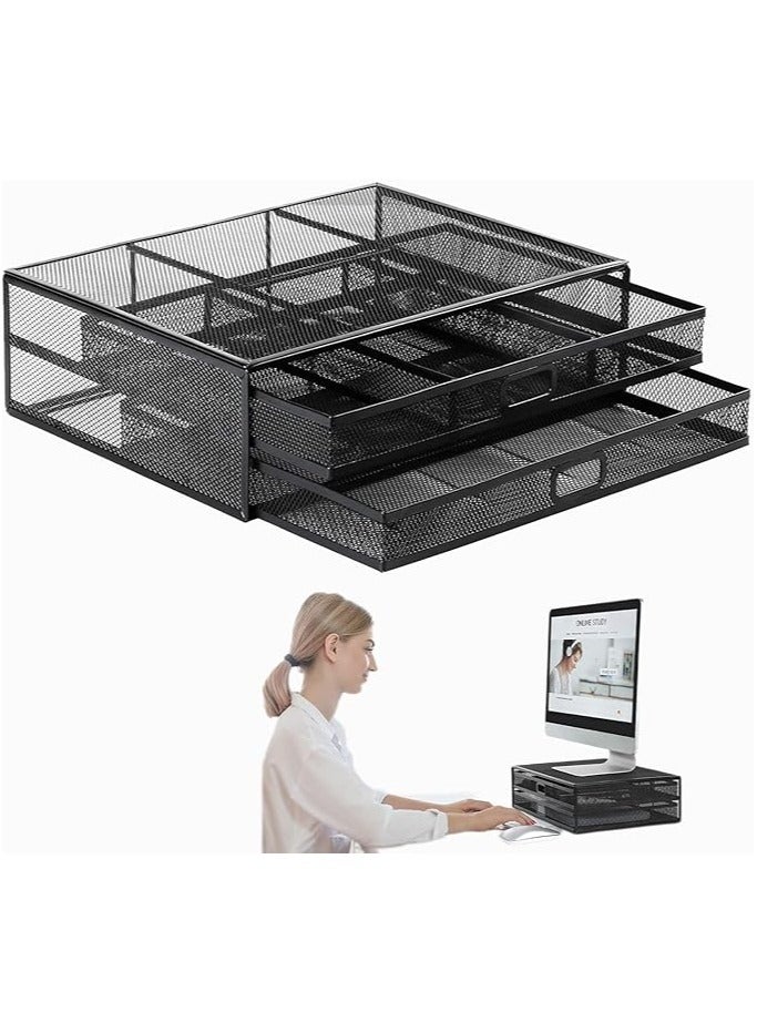 erorex Monitor Stand with 2 Storage Drawers - Metal Mesh Desk Organisers, Support Laptop, Notebook, PC, Monitor, Printer, Scanner up to 15 KG - Image 1