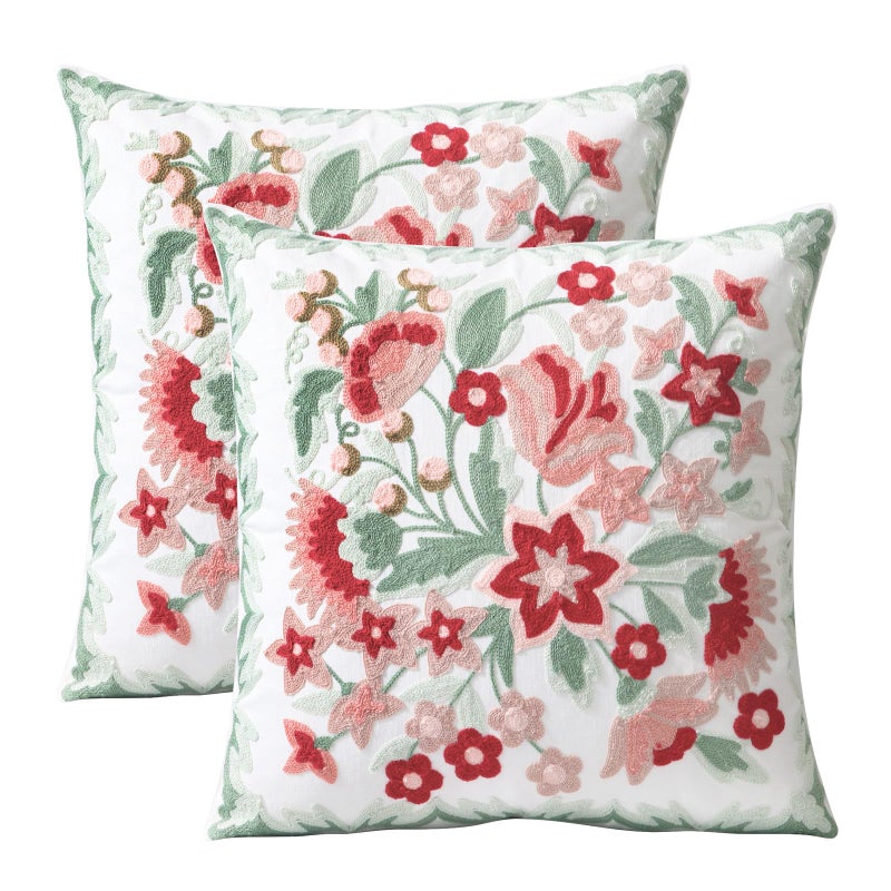Pilmandu Set of 2 Embroidered Decorative Throw Pillow Covers Couch Square Pillowcases Cushion for Bedroom Sofa Farmhouse Decor 18x18 Inch Angel Flower