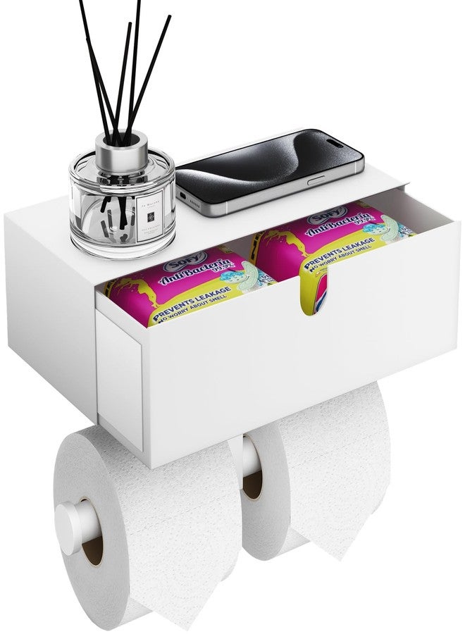 Tindbea Toilet Paper Holder with Storage - Stainless Steel Wall Mounted Toilet Paper Holder with Shelf, Flushable Wipes Holer Dispenser, Tampon Storage for Bathroom, Double Tissue Roll Holder, White - Image 1