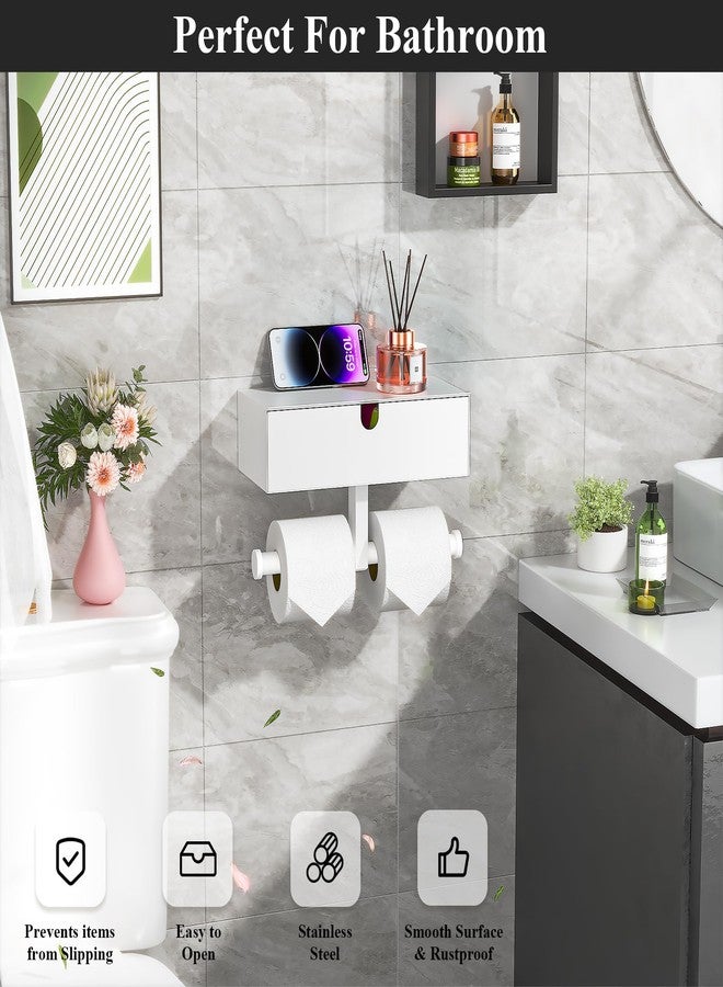 Tindbea Toilet Paper Holder with Storage - Stainless Steel Wall Mounted Toilet Paper Holder with Shelf, Flushable Wipes Holer Dispenser, Tampon Storage for Bathroom, Double Tissue Roll Holder, White - Image 2