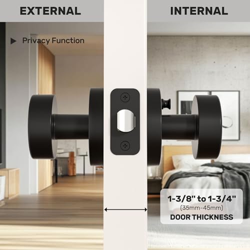 naubea Matte Black Door Knobs Interior Black Privacy Door Knob with Lock, Heavy Duty Round Vintage Door Handle for Bedroom Bathroom - Image 4