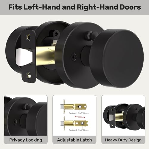 naubea Matte Black Door Knobs Interior Black Privacy Door Knob with Lock, Heavy Duty Round Vintage Door Handle for Bedroom Bathroom - Image 3