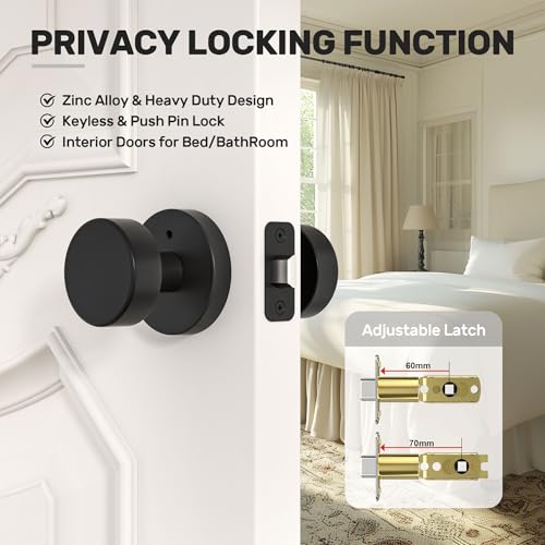 naubea Matte Black Door Knobs Interior Black Privacy Door Knob with Lock, Heavy Duty Round Vintage Door Handle for Bedroom Bathroom - Image 5