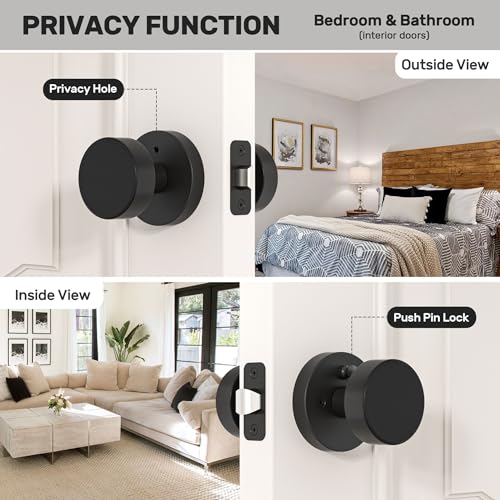 naubea Matte Black Door Knobs Interior Black Privacy Door Knob with Lock, Heavy Duty Round Vintage Door Handle for Bedroom Bathroom - Image 2