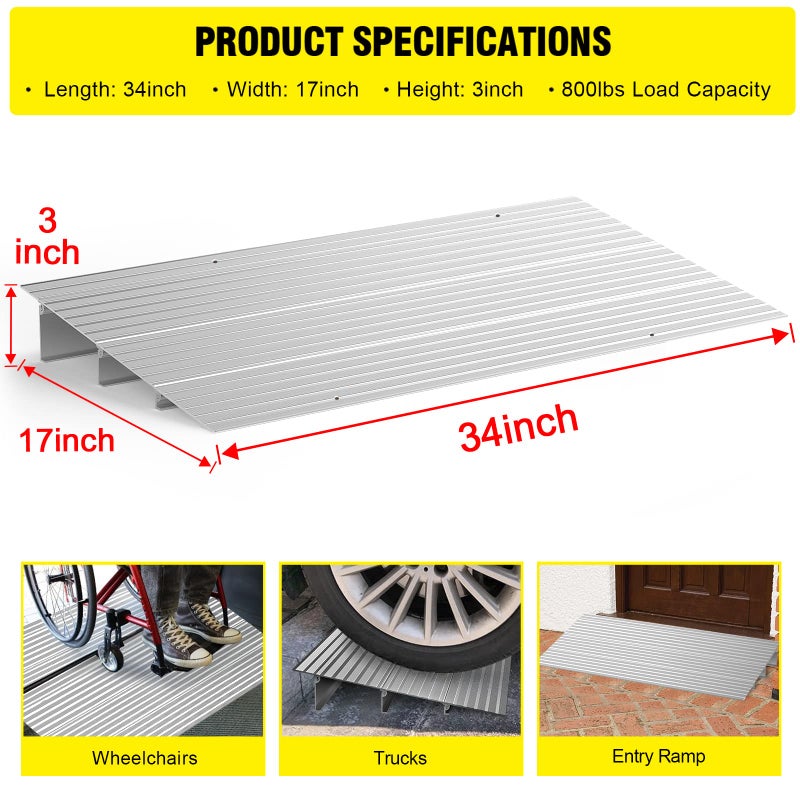 DWALE Door Threshold Ramp 3 Rise Door Ramp Aluminum Entry Ramp or Doorways Rated 800 lbs Load Capacity forWheelchair Scooters Power Chairs Walkers Metallic - Image 2