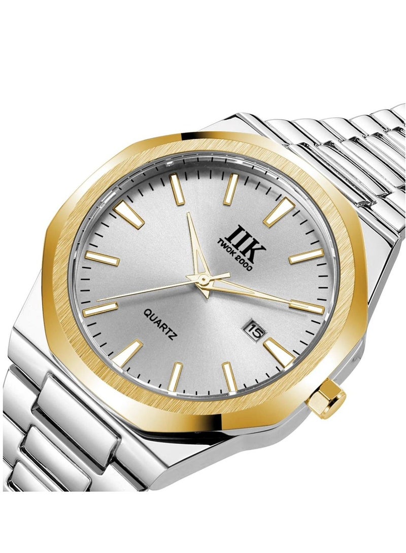 IIK Collection Men's Wrist Watch, Silver Band with Silver Dial, And Gold edges - Image 2