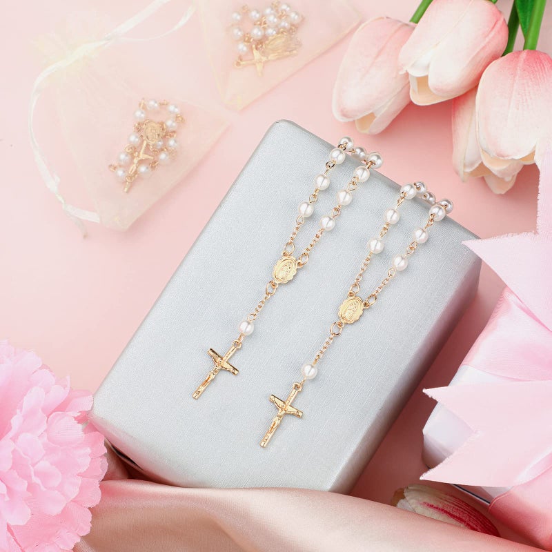 Fumete 60 Pieces Mini Rosary Favors Baptism Favors Acrylic Rosary Beads Finger Baptism Rosaries with Organza Bags for Christening Weddings Party - Image 3