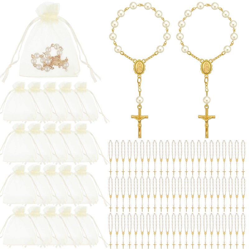 Fumete 60 Pieces Mini Rosary Favors Baptism Favors Acrylic Rosary Beads Finger Baptism Rosaries with Organza Bags for Christening Weddings Party - Image 1