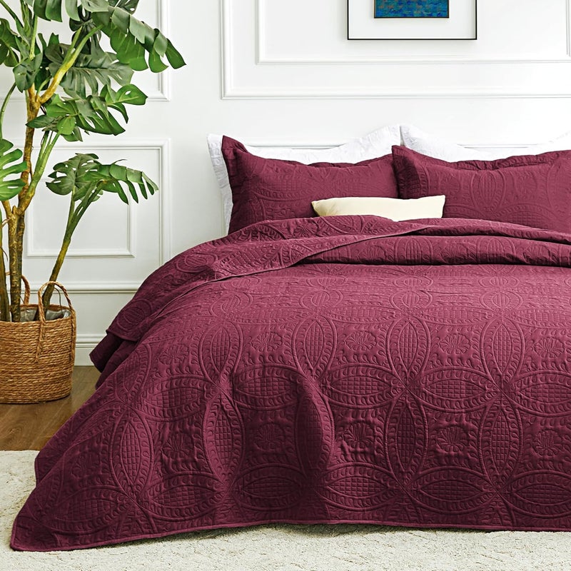 Love's cabin Twin Quilt Set Burgundy Bedspreads Bedding Set - Soft Bed Lightweight Bedspread Comforter - Modern Style Coin Pattern Coverlet for All Season - 2 Pieces (1 Quilt, 1 Pillow Sham) - Image 1