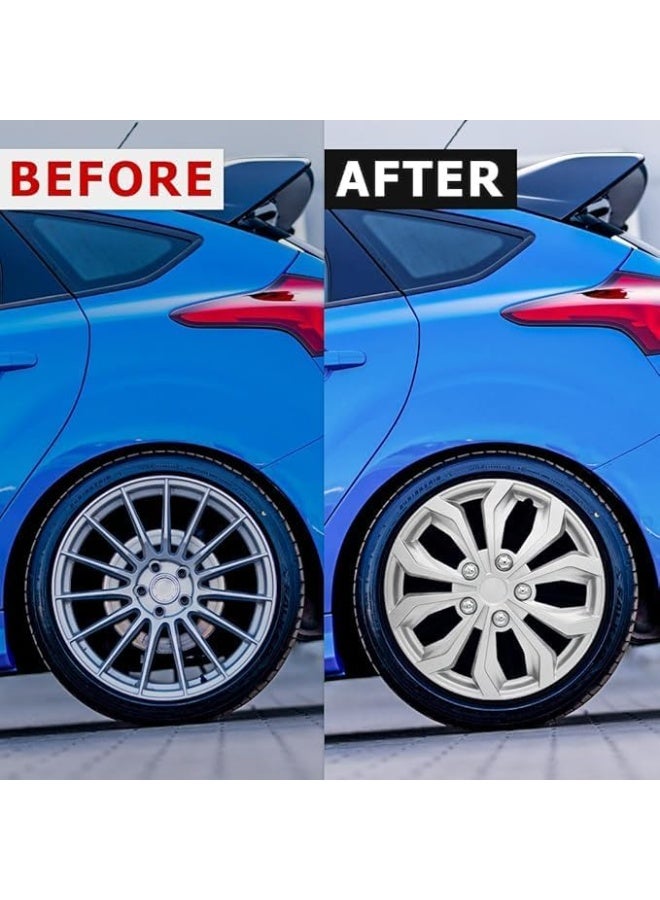 SHEZA STAR Silver Hubcaps with Modern Geometric Design, Set of 4, Universal Fit Wheel Covers - Image 2