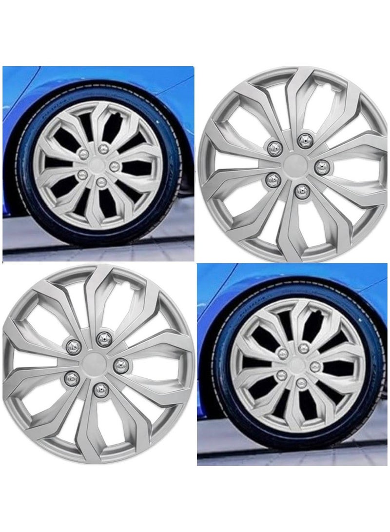 Silver Hubcaps with Modern Geometric Design, Set of 4, Universal Fit Wheel Covers - Image 1