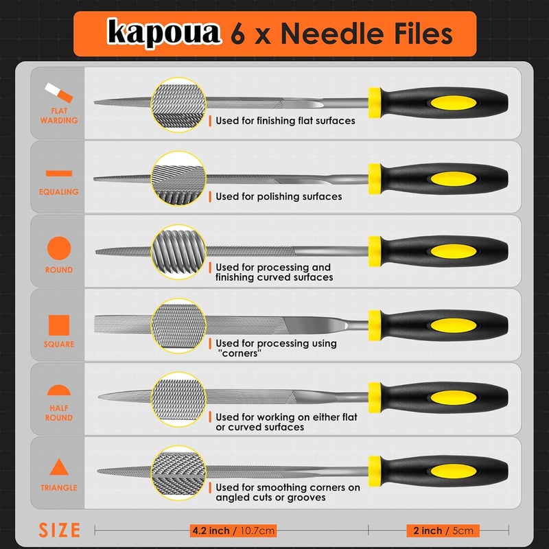 kapoua 6-Piece Metal Needle File Set - Hardened Alloy Steel Includes Flat, Warding, Square, Triangular, Round, and Half-Round Files - Image 2