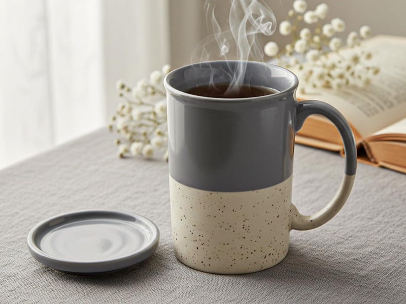 Bodhi House Ceramic Hand Glazed Tea and Coffee Mug with Coaster - 300ml | Set of 1 | Microwave & Dishwasher Safe | for Home Office - Grey - Image 1