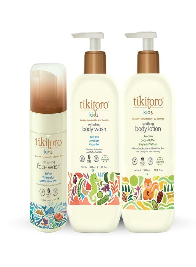 Tikitoro Kids Soft Skin Combo Pack Contains Refreshing Body Wash, Soothing Body Lotion & Refreshing Face Wash, 100% Vegan, For All Skin Types, (Age: 4+ Years) (300ml x 2 & 100ml x 1) - Image 1
