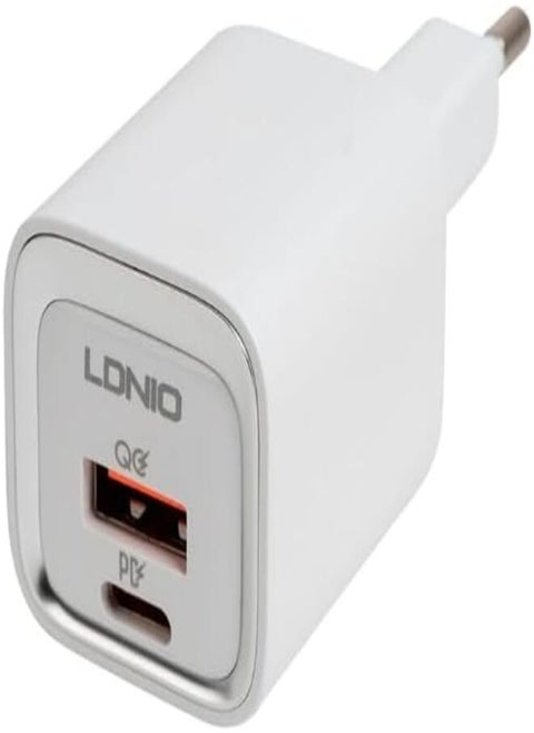 LDNIO A2318M Mobile Phone Charger EU Plug With Type C To Lightning Cable And USB Type C Ports 20W - White