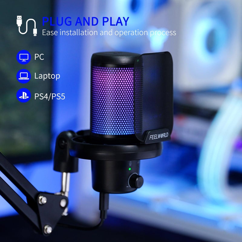 FEELWORLD VM1 Gaming PC USB Microphone Condenser Mic with Noise Cancellation Mute RGB Light, Computer Accessories Gifts for Gamer YouTube Twitch Podcast Streaming Recording Online Chat PS4 PS5 - Image 5