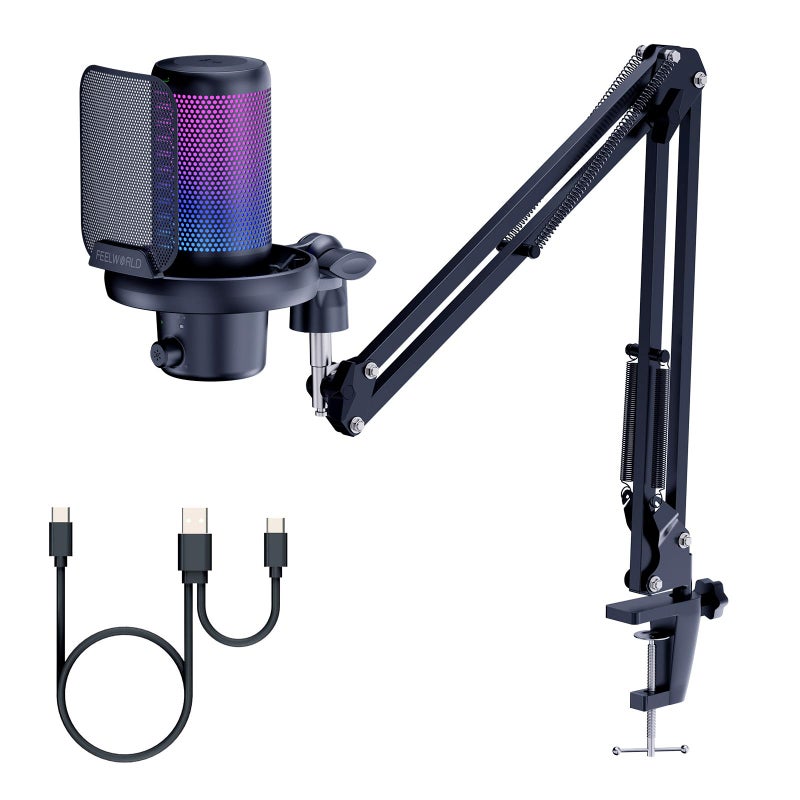 FEELWORLD VM1 Gaming PC USB Microphone Condenser Mic with Noise Cancellation Mute RGB Light, Computer Accessories Gifts for Gamer YouTube Twitch Podcast Streaming Recording Online Chat PS4 PS5 - Image 1