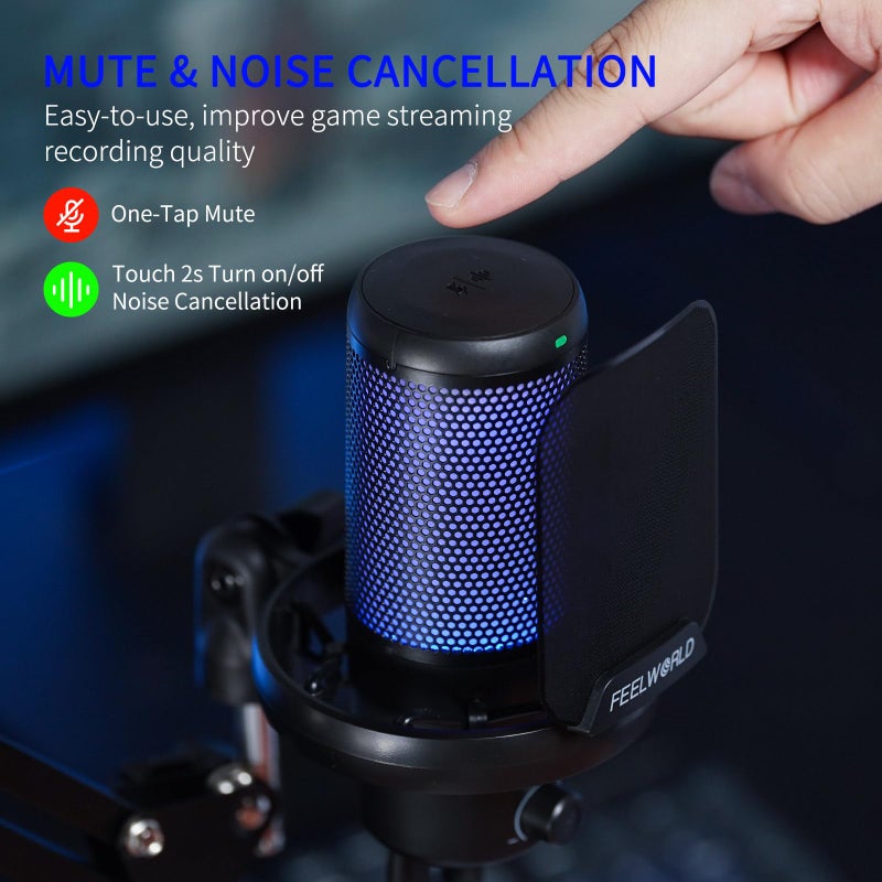 FEELWORLD VM1 Gaming PC USB Microphone Condenser Mic with Noise Cancellation Mute RGB Light, Computer Accessories Gifts for Gamer YouTube Twitch Podcast Streaming Recording Online Chat PS4 PS5 - Image 2