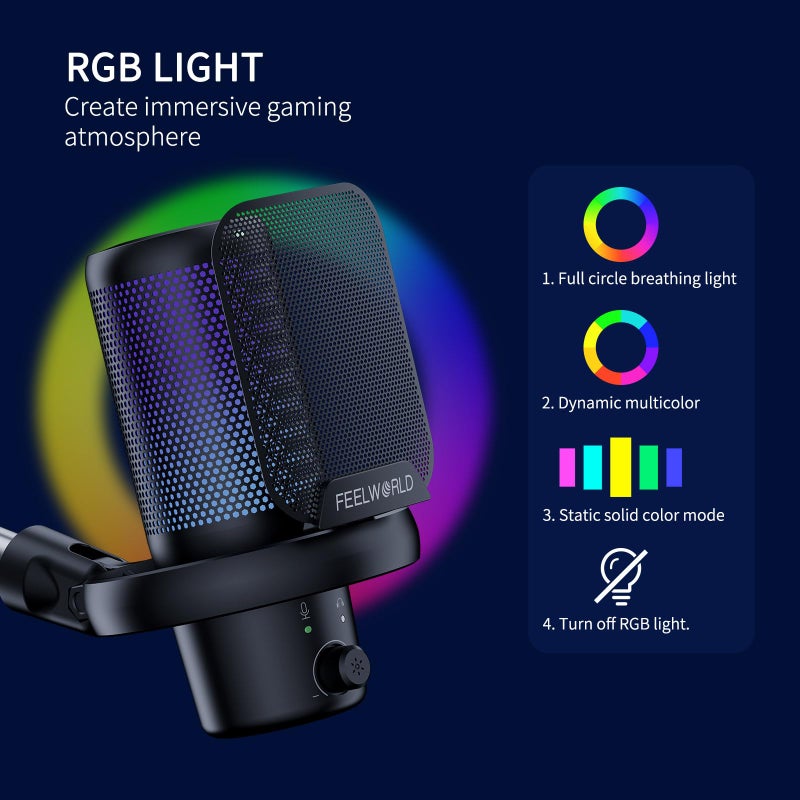 FEELWORLD VM1 Gaming PC USB Microphone Condenser Mic with Noise Cancellation Mute RGB Light, Computer Accessories Gifts for Gamer YouTube Twitch Podcast Streaming Recording Online Chat PS4 PS5 - Image 4