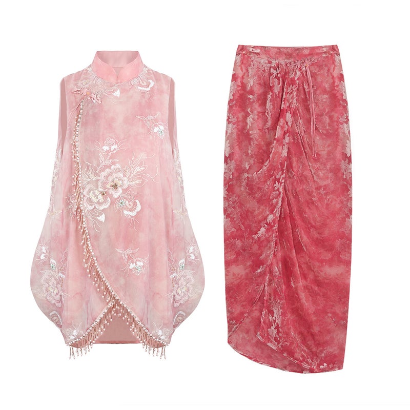 New Chinese Style Sequin Embroidered Tie-Dye Sleeveless Vest & Burnout Velvet Skirt Set - Image 5
