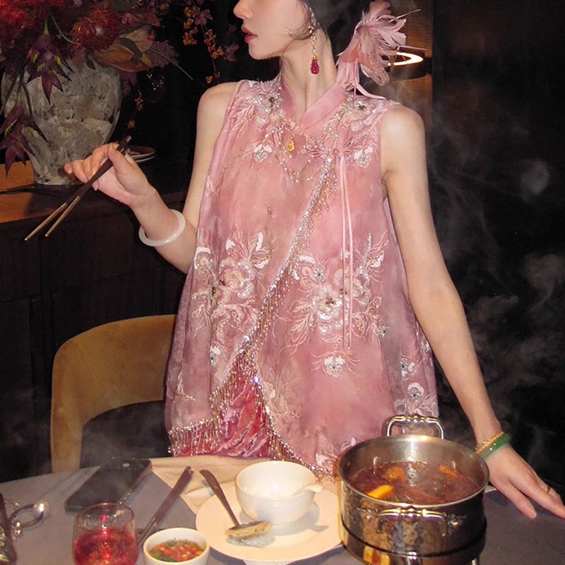 New Chinese Style Sequin Embroidered Tie-Dye Sleeveless Vest & Burnout Velvet Skirt Set - Image 4
