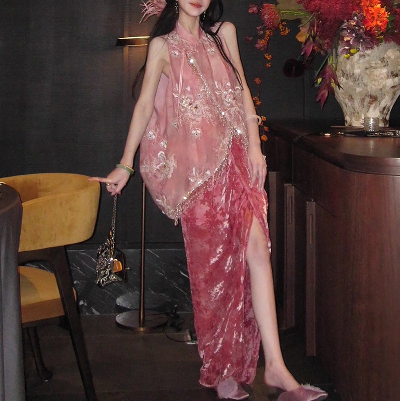 New Chinese Style Sequin Embroidered Tie-Dye Sleeveless Vest & Burnout Velvet Skirt Set - Image 2