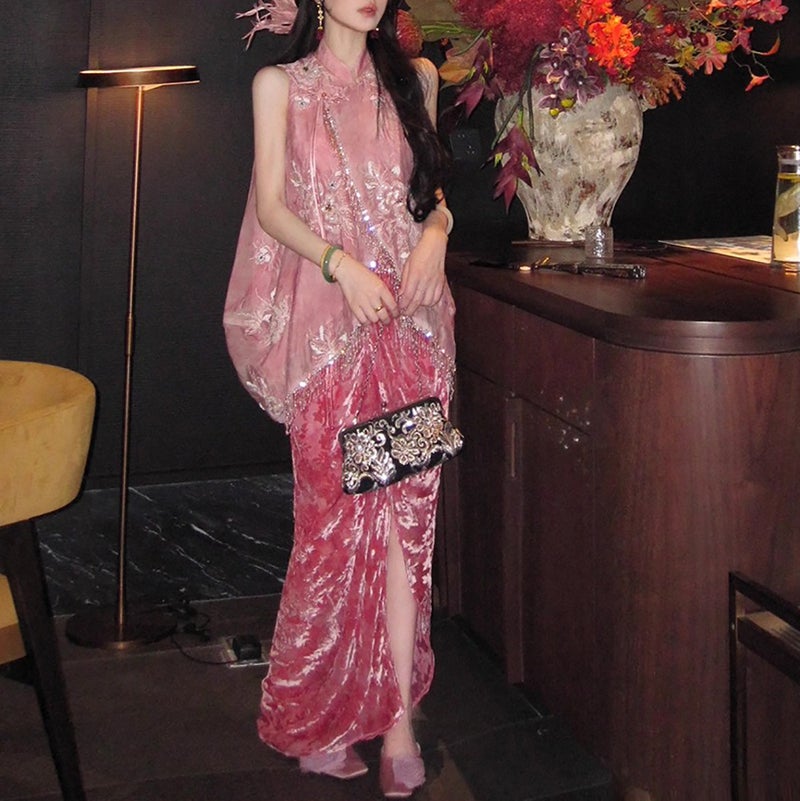 New Chinese Style Sequin Embroidered Tie-Dye Sleeveless Vest & Burnout Velvet Skirt Set - Image 1