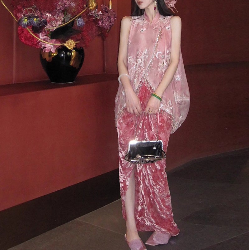 New Chinese Style Sequin Embroidered Tie-Dye Sleeveless Vest & Burnout Velvet Skirt Set - Image 3