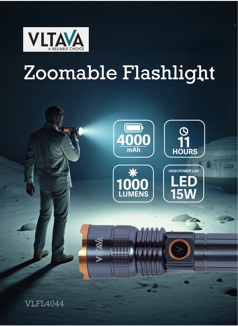 Vltava Zoomable LED Flashlight – 1000 Lumens, Rechargeable 4000mAh Li-ion Battery, Aircraft Aluminum Body, 4 Light Modes, 15W Laser Power VLFL4044