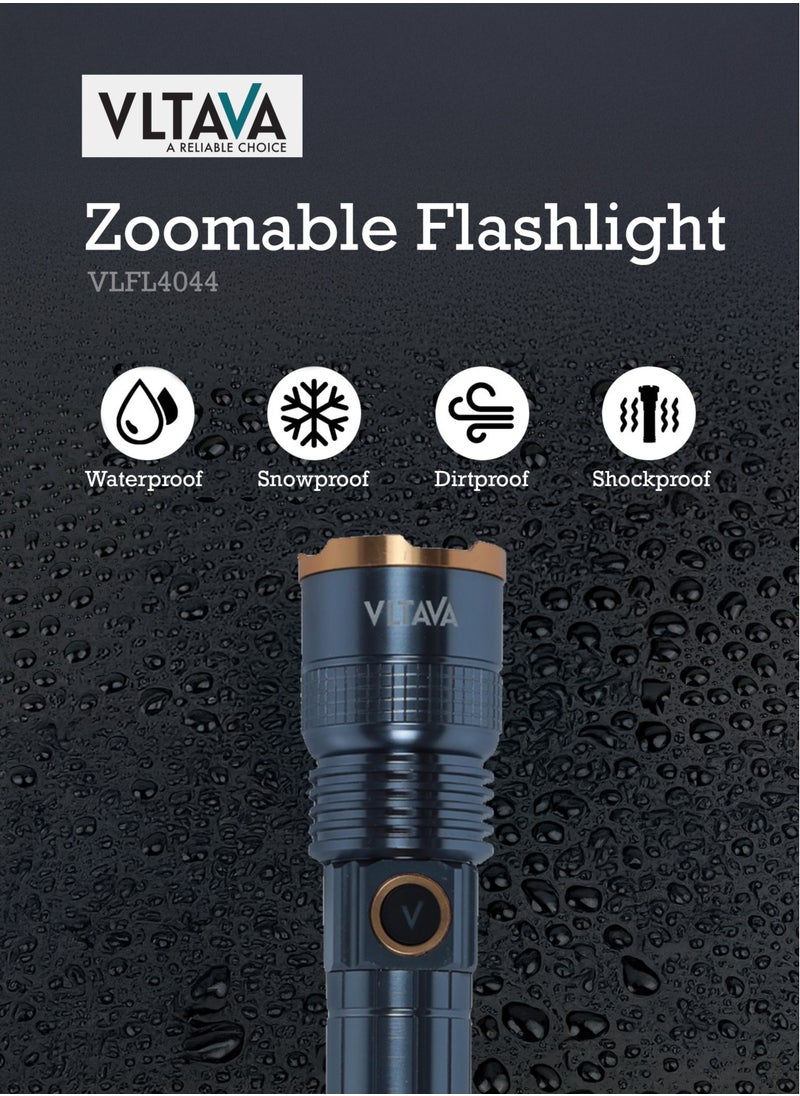 Vltava Zoomable LED Flashlight – 1000 Lumens, Rechargeable 4000mAh Li-ion Battery, Aircraft Aluminum Body, 4 Light Modes, 15W Laser Power VLFL4044