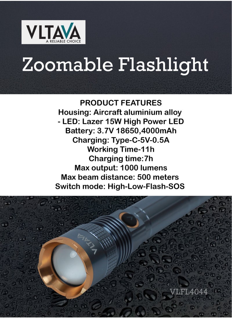 Vltava Zoomable LED Flashlight – 1000 Lumens, Rechargeable 4000mAh Li-ion Battery, Aircraft Aluminum Body, 4 Light Modes, 15W Laser Power VLFL4044