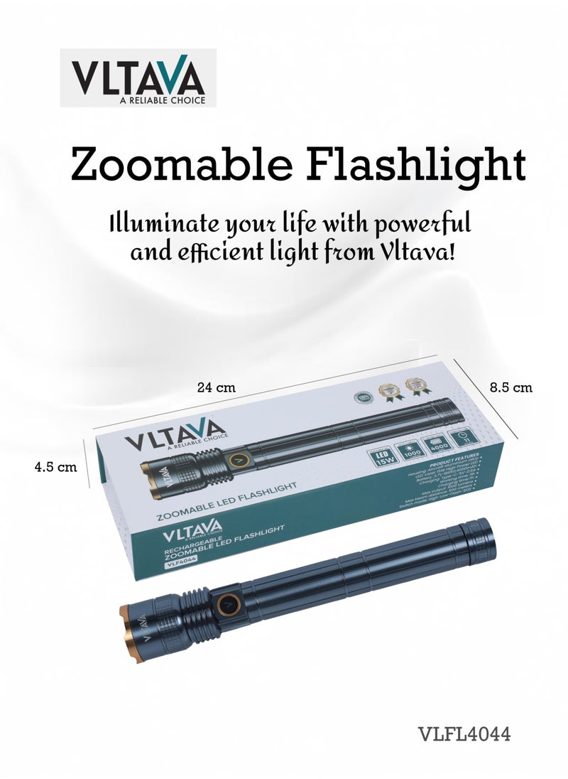 Vltava Zoomable LED Flashlight – 1000 Lumens, Rechargeable 4000mAh Li-ion Battery, Aircraft Aluminum Body, 4 Light Modes, 15W Laser Power VLFL4044