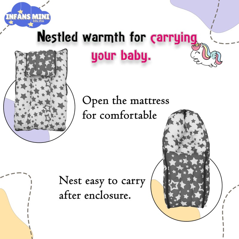 Infans Mini Star-Multi Mini 3 in 1 Baby's Cotton Bed Cum Carry Bed Printed Baby Sleeping Bag-Baby Bed-Infant Portable for Unisex Easily Portable, Light Weight Carry for New Born 0-4 Months Old(Grey) - Image 3
