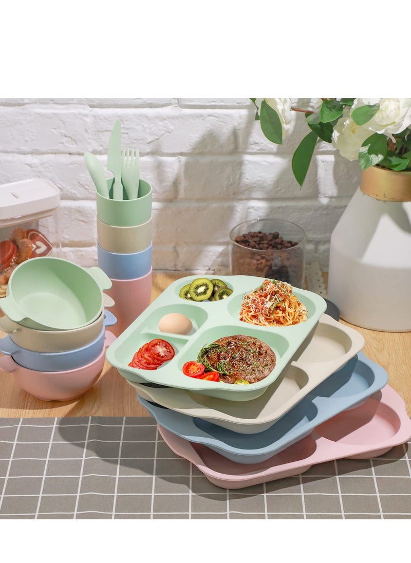 MIXDE - 24 Pcs Wheat Straw Dinnerware Cutlery Set Including Divided Plates Microwave Dishwasher Safe Bowl Unbreakable Tableware Straw Cutlery Spoon Knife Fork Cup - Image 1