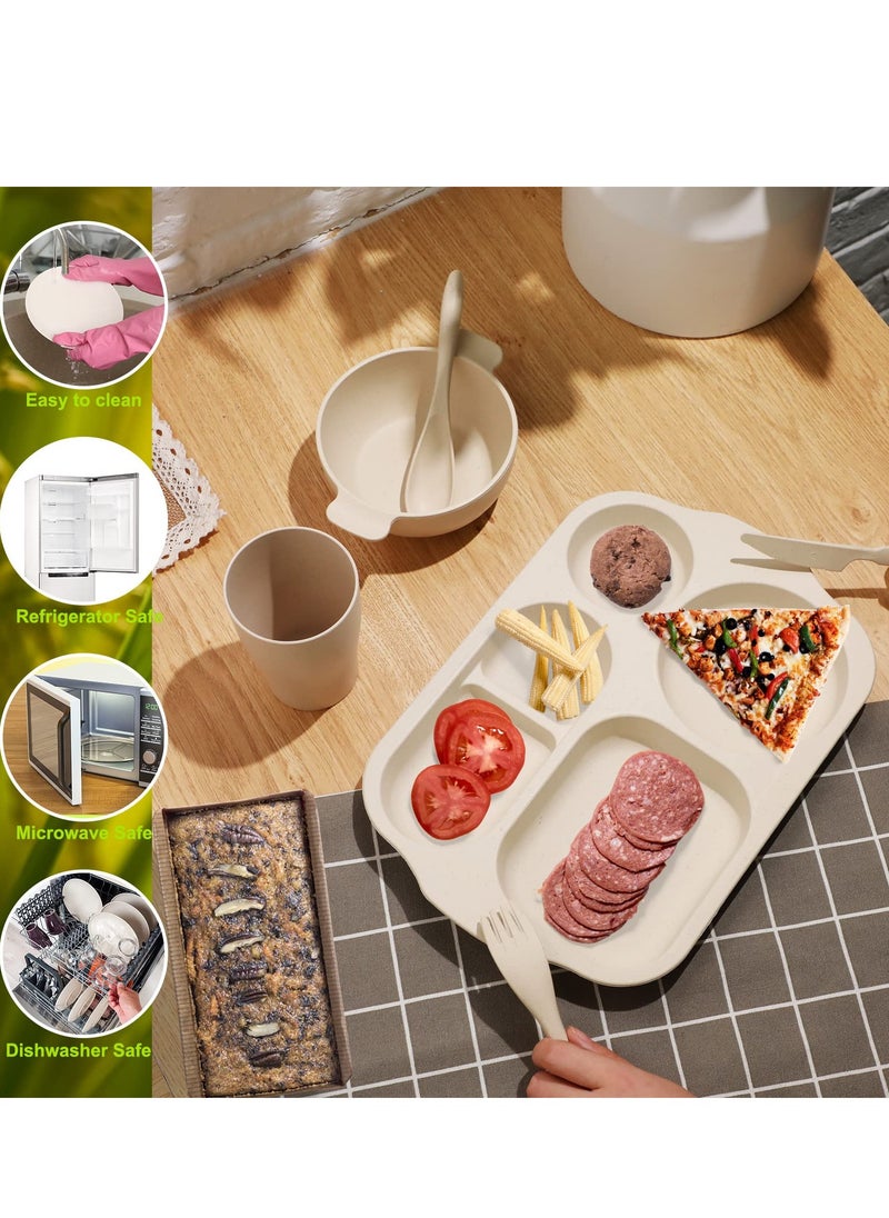 MIXDE - 24 Pcs Wheat Straw Dinnerware Cutlery Set Including Divided Plates Microwave Dishwasher Safe Bowl Unbreakable Tableware Straw Cutlery Spoon Knife Fork Cup - Image 1