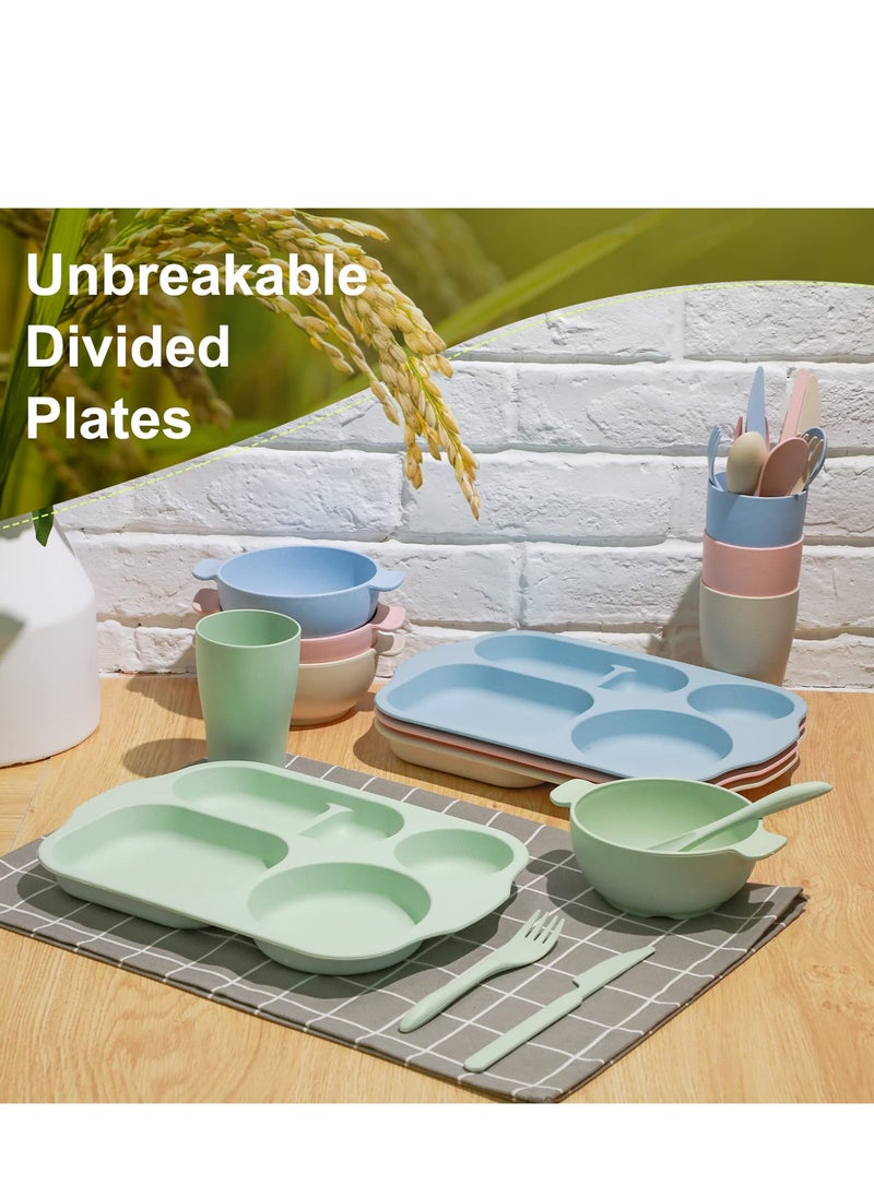 MIXDE - 24 Pcs Wheat Straw Dinnerware Cutlery Set Including Divided Plates Microwave Dishwasher Safe Bowl Unbreakable Tableware Straw Cutlery Spoon Knife Fork Cup - Image 1