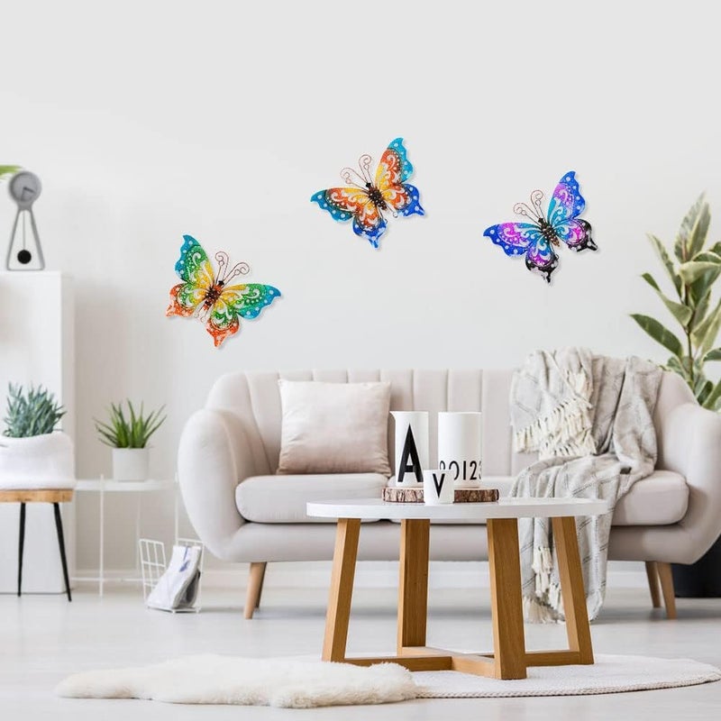 dreamskip Store 3 عبوات من ديكور الجدار على شكل فراشة معدنية، فن الجدار الخارجي لفراشة معدنية ملونة، ديكور جدار خارجي مصنوع يدويًا للحديقة، الفناء، السياج، الفناء الخلفي - Image 5