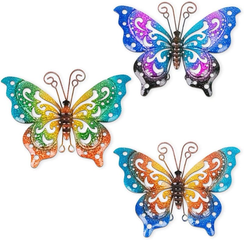 dreamskip Store 3 عبوات من ديكور الجدار على شكل فراشة معدنية، فن الجدار الخارجي لفراشة معدنية ملونة، ديكور جدار خارجي مصنوع يدويًا للحديقة، الفناء، السياج، الفناء الخلفي - Image 1