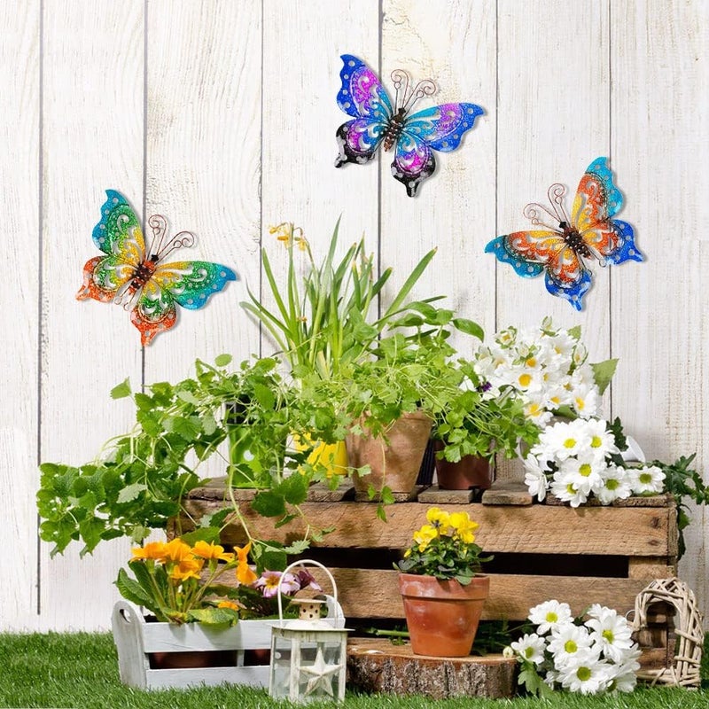 dreamskip Store 3 عبوات من ديكور الجدار على شكل فراشة معدنية، فن الجدار الخارجي لفراشة معدنية ملونة، ديكور جدار خارجي مصنوع يدويًا للحديقة، الفناء، السياج، الفناء الخلفي - Image 3